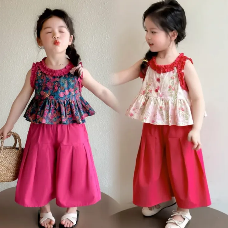 【森系女孩】女童夏季套装2025新款儿童洋气碎花背心阔腿裤两件套