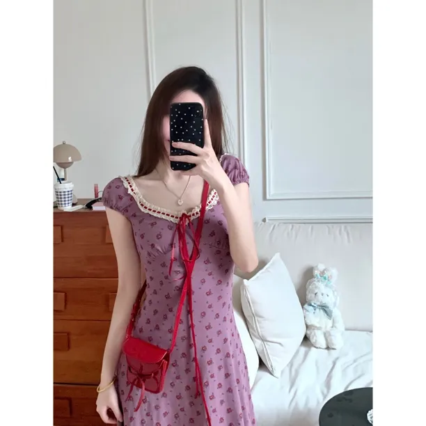 【香芋可露丽】韩版纯欲少女碎花连衣裙气质设计显瘦针织裙裙子