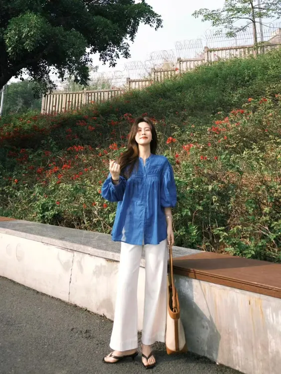 2025夏季新款多巴胺克莱因蓝长袖衬衫女超好看娃娃衫百搭直筒裤