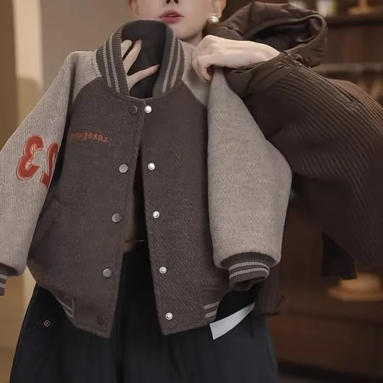 女童毛呢加厚外套秋冬新款韩版宝宝洋气圆领咖色刺绣夹棉棒球服潮