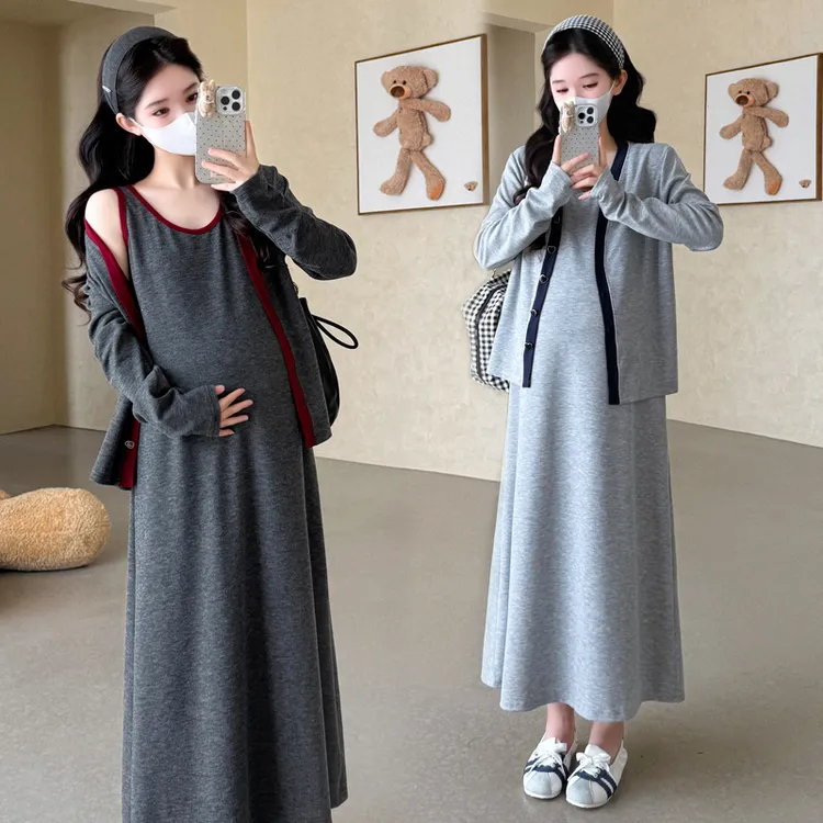 时髦孕妇装新款2025秋冬慵懒风撞色气质韩版显瘦开衫加背心裙套装