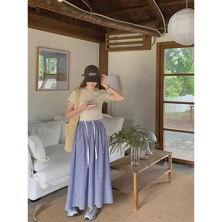 春夏蓝白格子半身裙女2025新款春夏小个子A字裙格纹裙子半裙长裙,