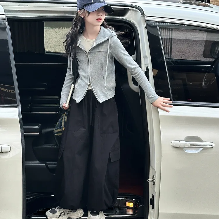 女童秋装韩版连帽开衫外套2025新款大童春秋气质时尚休闲百搭长裤