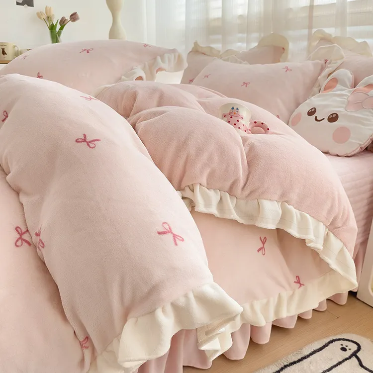 公主风牛奶绒四件套冬季双面加绒加厚床盖款三件套保暖床上用品