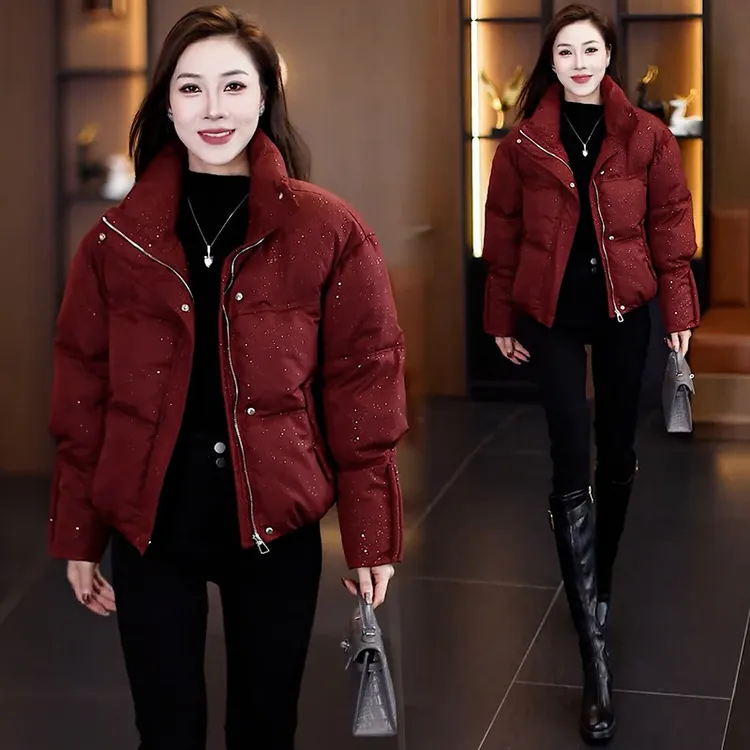 时尚短款棉服女2025冬季新款洋气小个子细闪立领棉衣保暖棉袄外套