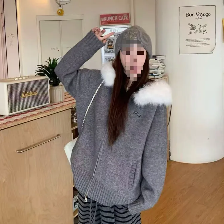 怡尔家秋冬慵懒风针织毛针织衫连帽女装网红韩系套头冬季