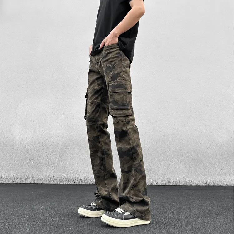 美式复古迷彩多口袋修身工装裤嘻哈直筒显高显瘦微喇裤休闲男女款