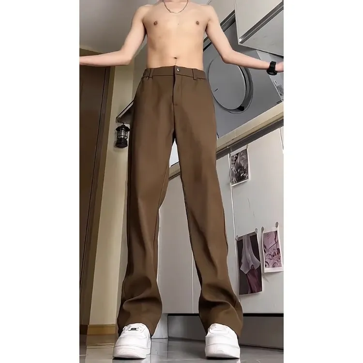 咖啡色微喇西裤男秋季潮牌垂感休闲裤子cleanfit显腿长痞帅直筒裤