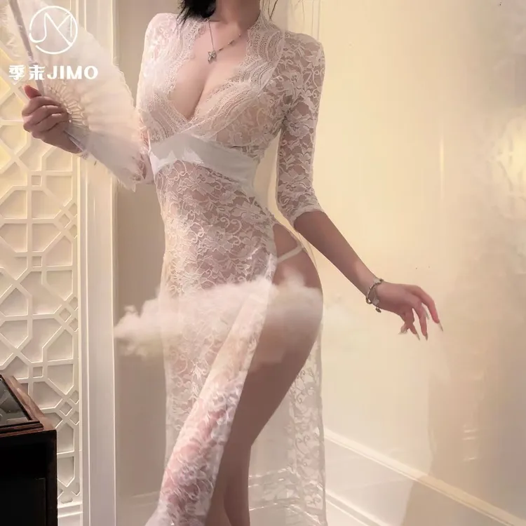 欧美性感低胸透视蕾丝高开叉修身缕空蕾丝睡裙女7124夏季长款