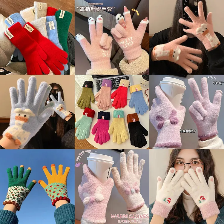毛线手套女冬季针织韩版加绒加厚保暖可露指触屏学生冬天五指防寒