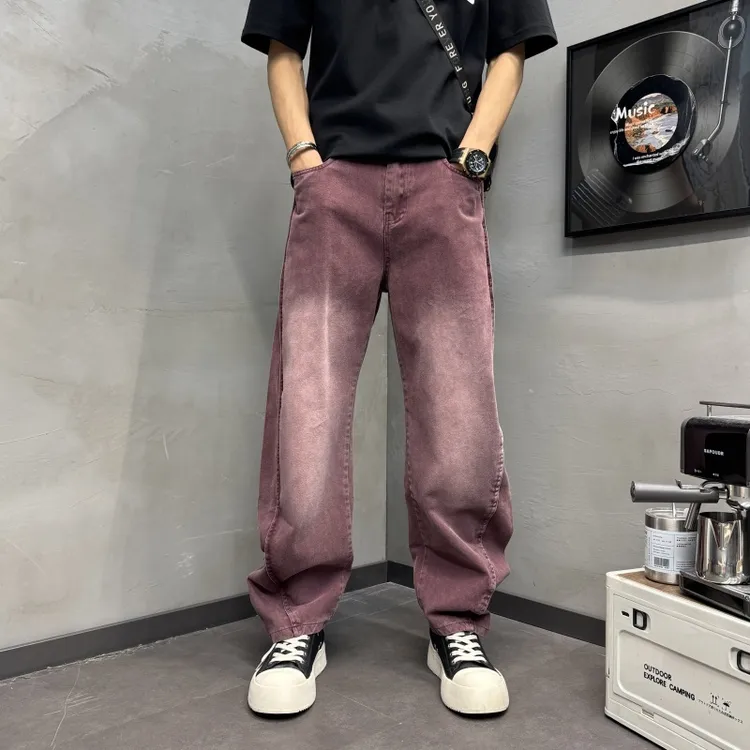 弯刀宽松纯色百搭时尚简约牛仔裤新款男士秋季休闲阔腿长裤子2025