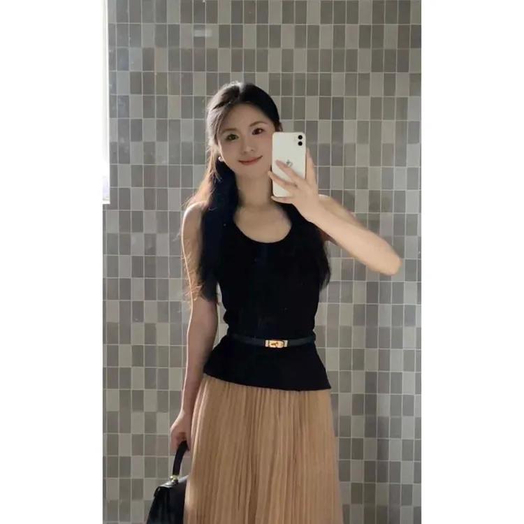 parkyeon小香风轻奢黑色挂脖吊带背心收腰上衣网纱半身裙两件套