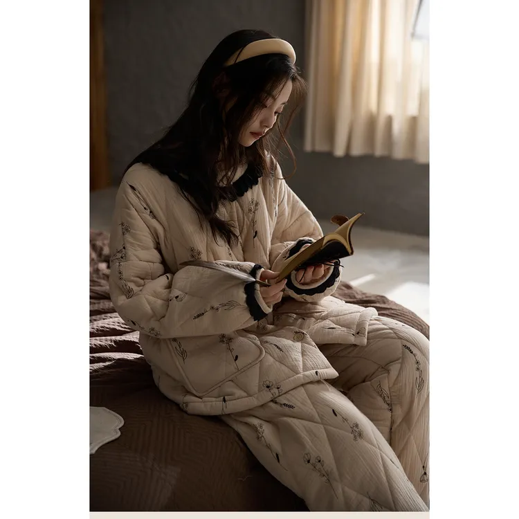韩版甜美拼接花边棉服三层夹棉睡衣女冬新款保暖家居服套装可外穿