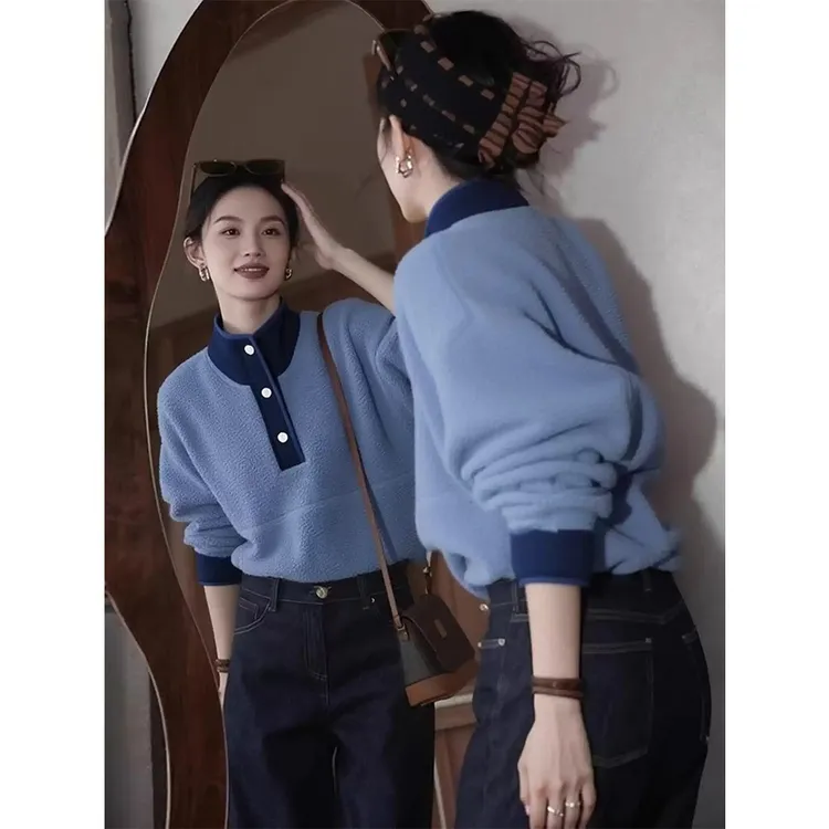 超好看蓝色立领羊羔毛卫衣女2025秋冬新款松弛感慵懒独特别致上衣