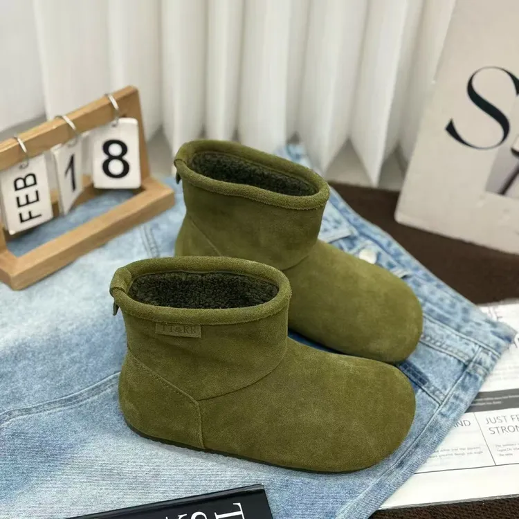 2025秋冬新款磨砂皮平底复古短靴显瘦女加绒保暖丑萌大头雪地棉靴