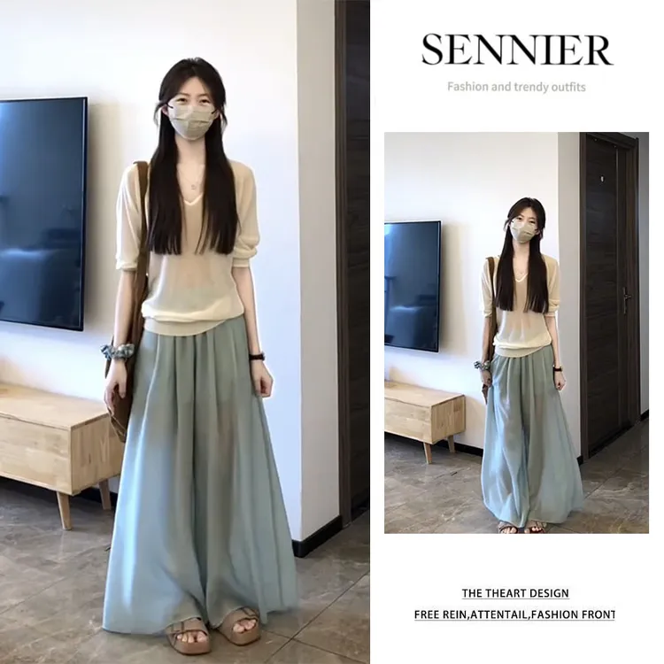 夏季穿搭一整套2025新款简约慵懒风V领中袖上衣显瘦阔腿裤两件套