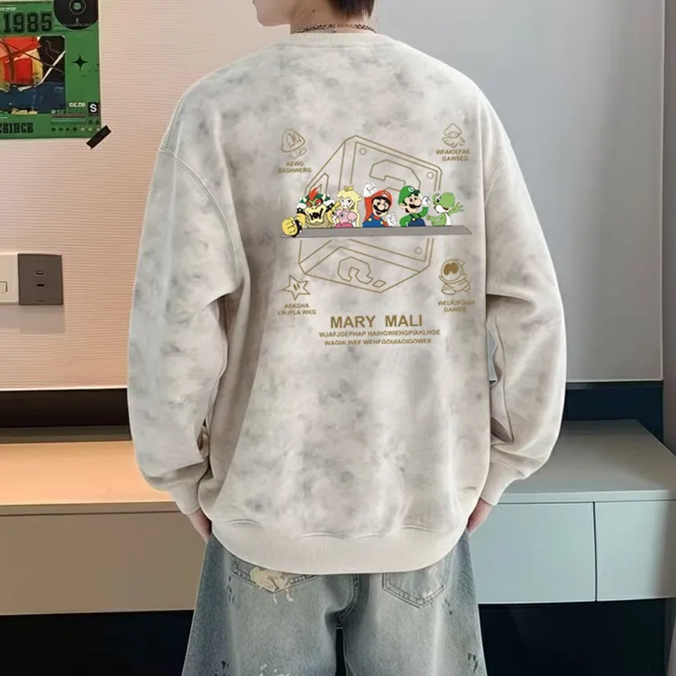 男装扎染圆领卫衣春秋薄款打底衫美式宽松长袖上衣慵懒风套头外套
