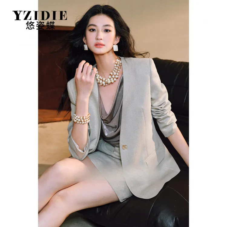 YZIDIE定制轻奢光泽高智感老钱无领西装＆微A短裙套装秋季