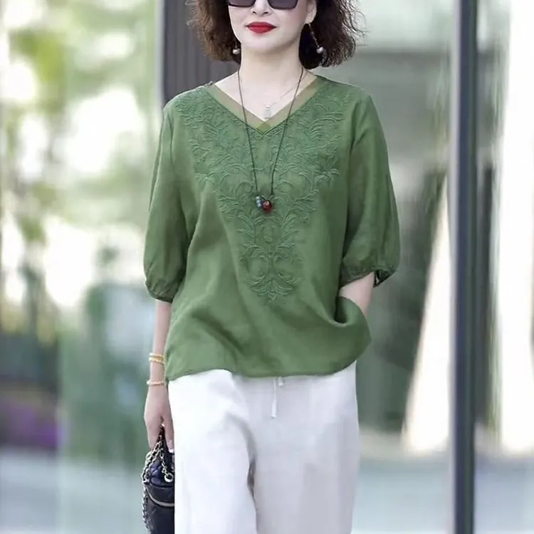 棉麻大码套装中年妈妈素订棉麻新款夏两件套品牌贵夫人阔太太高端