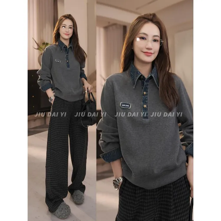玖黛衣【牛仔日记】冬季穿搭韩版拼接牛仔显瘦加厚卫衣WYP46233
