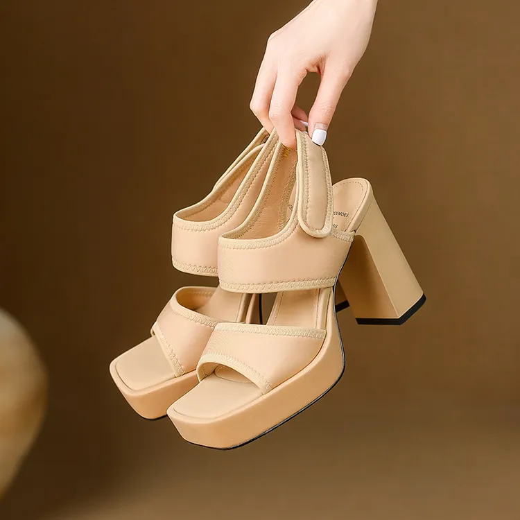 高跟魔术贴水染低帮方头时装凉鞋厚底舒适仙女风坡跟时尚百搭夏季