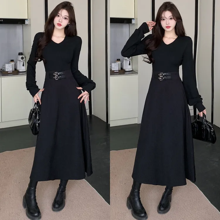 大码胖mm秋冬新款法式赫本风黑色长裙气质御姐温柔风连衣裙女