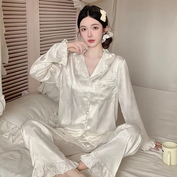 睡衣女春秋季薄款2025新款轻奢风提花冰丝长袖套装家居服可外穿