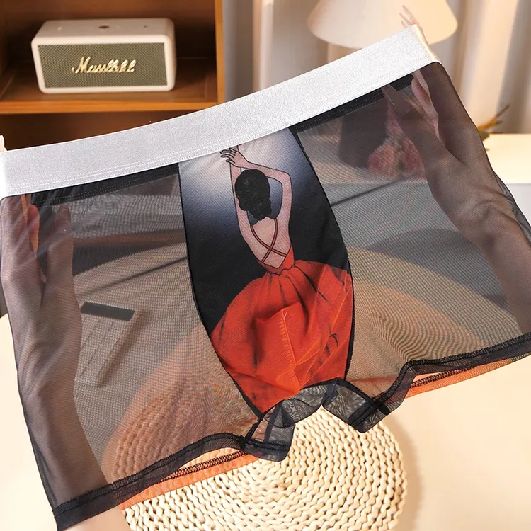 男士内裤新款轻薄网纱男款透气柔舒适卡通无痕大码沙滩裤平角四角
