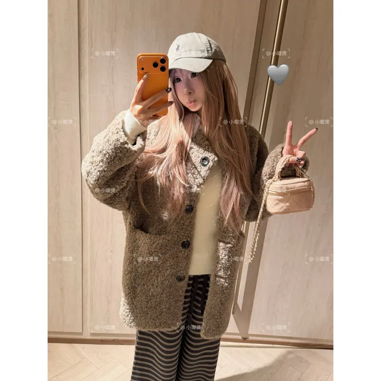 慵懒雪松 廓形环保仿羊羔毛皮毛一体女秋冬加厚中长款毛毛外套