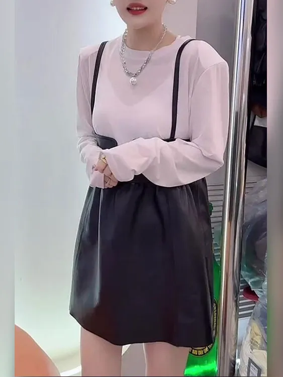 又酷又飒两件套女夏季极简风轻薄微透防晒空调衫内搭黑色吊带皮裙