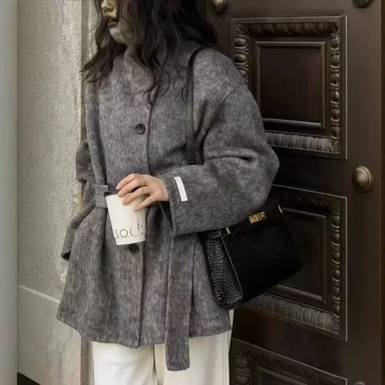 外套时尚羊绒灰色秋冬立领高级宽松慵懒加厚中长款双面高级外套