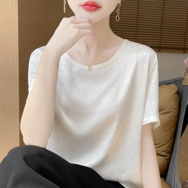 真丝短袖女款爆款2025新款半袖打底衫圆领纯色气质显瘦上衣