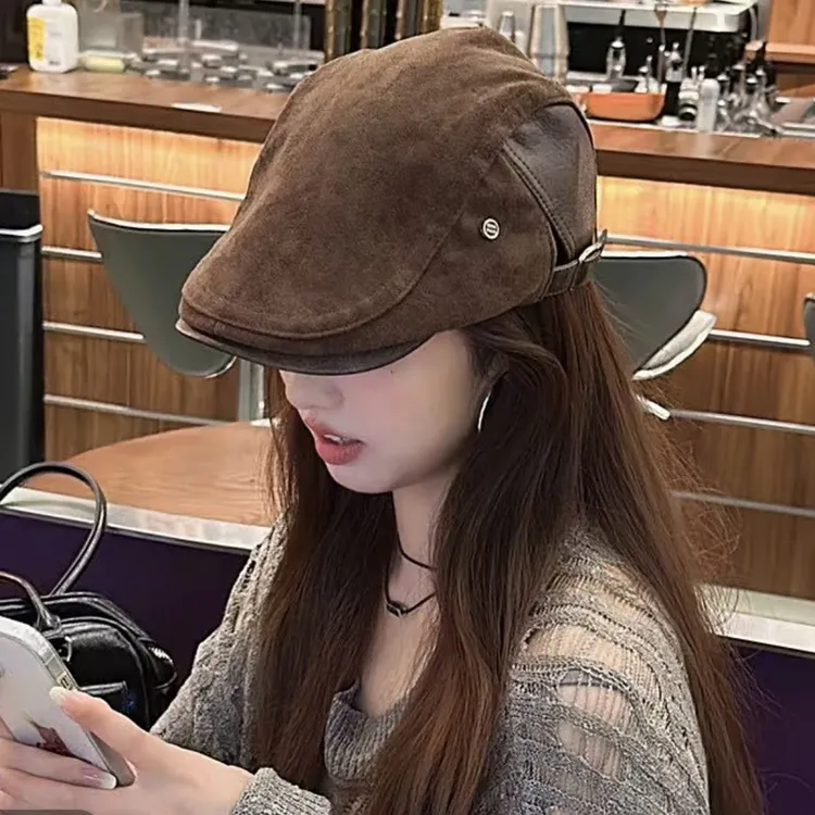 老钱风复古秋冬新款皮檐拼接高级感前进帽休闲显脸小