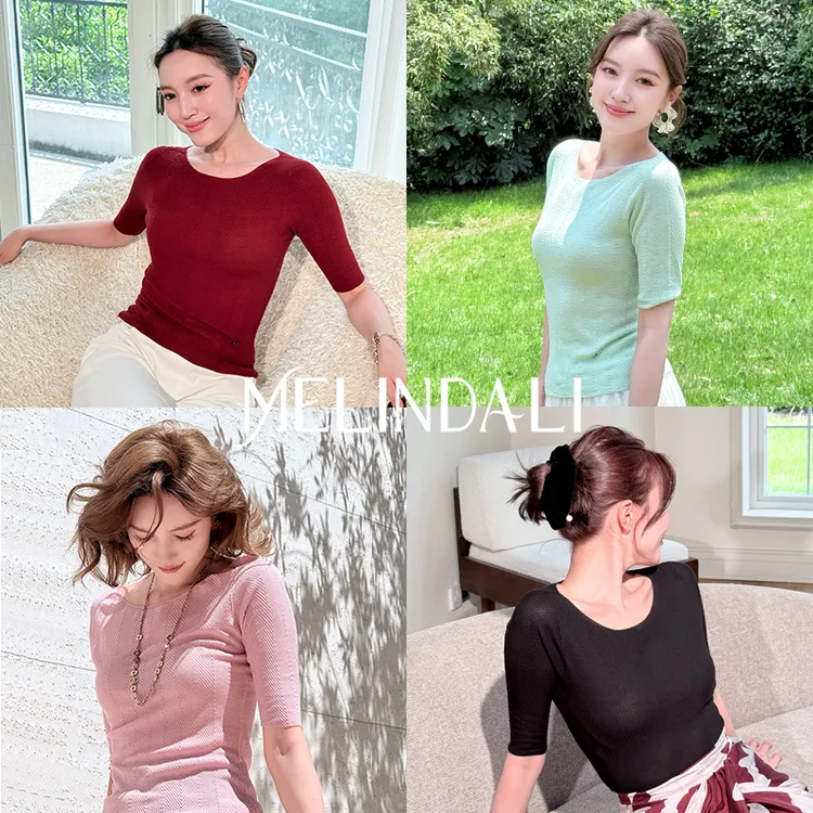 Melinda Li【面膜中袖T】精纺莱赛尔桑蚕丝鱼骨纹中袖薄针织T