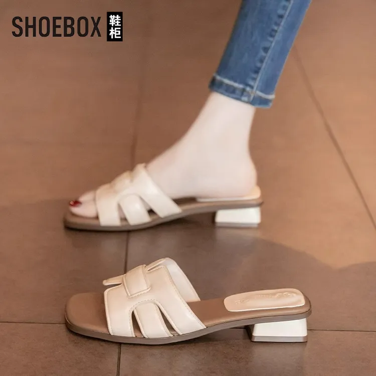 SHOEBOX鞋柜法式凉拖鞋女夏外穿配裙子2025新款时尚低跟一字拖