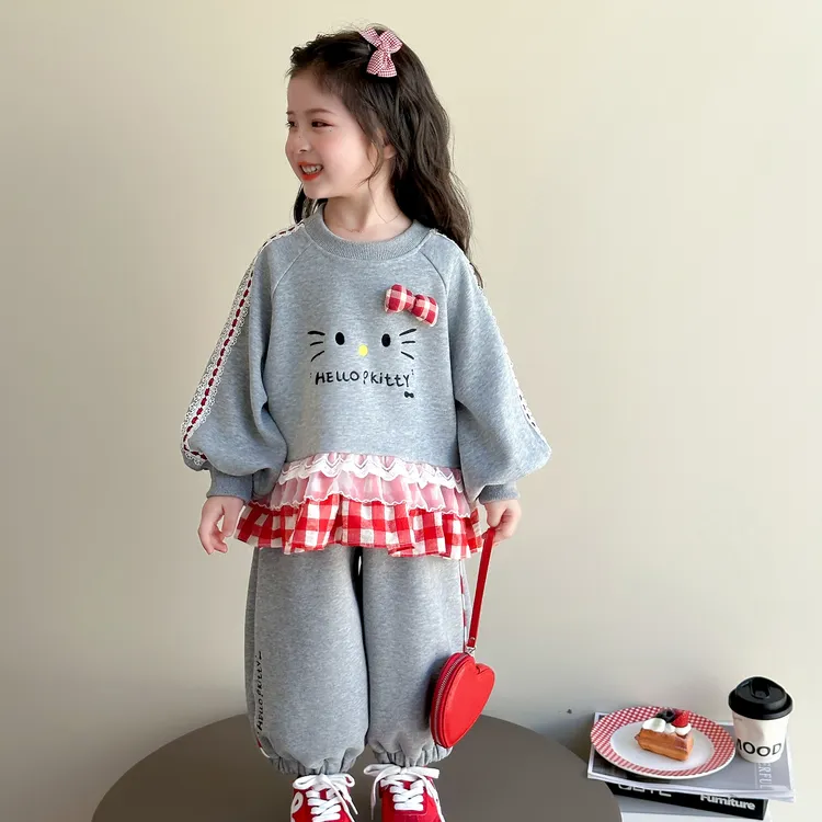 女童卡通卫衣套装春秋季洋气儿童韩系秋装女宝宝休闲格子领两件套