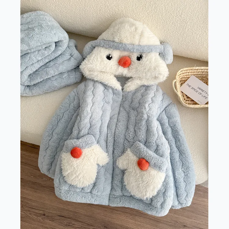 三层夹棉加厚睡衣女款秋冬季可爱雪人湖南省省服珊瑚绒保暖家居服