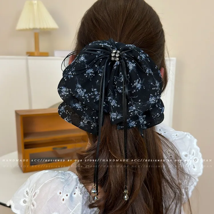 复古碎花蝴蝶结飘带马尾夹抓夹女高级感新款后脑勺显发量流苏发夹