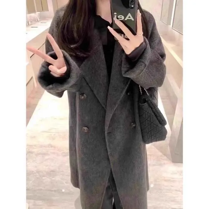 方领感呢子灰色大衣女秋冬季韩系小个子赫本风中长款双面毛呢外套