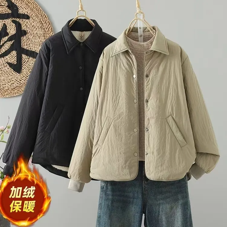 【加绒棉服】棉服外套印染复古纯色秋冬季常规宽松显瘦保暖棉服外套