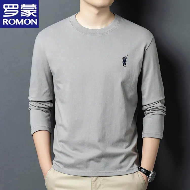 罗蒙100%纯棉男士圆领套头打底衫休闲百搭长袖T恤衫马标绣花上衣