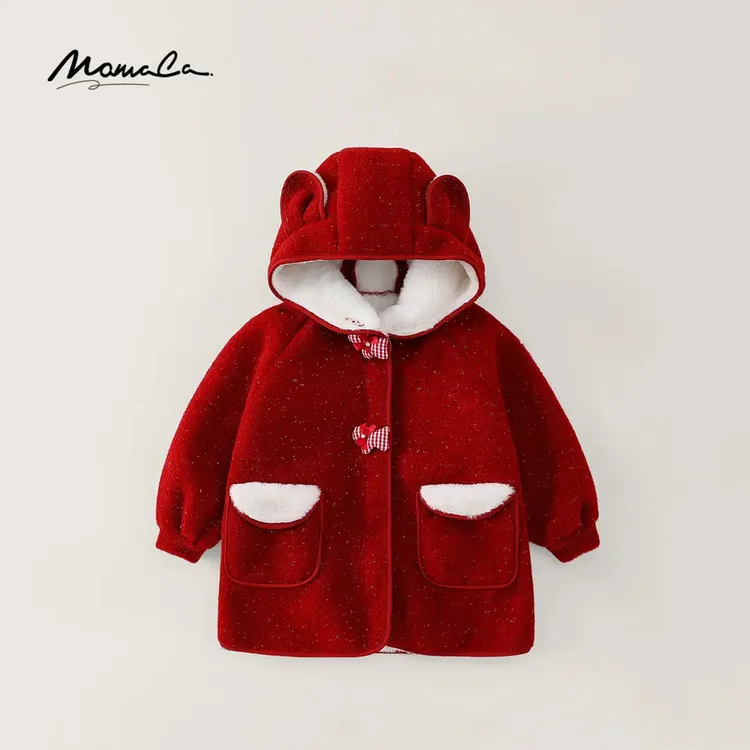 MOMOCO冬季女童甜美连帽大衣喜庆玩偶装饰加绒外套77880104004