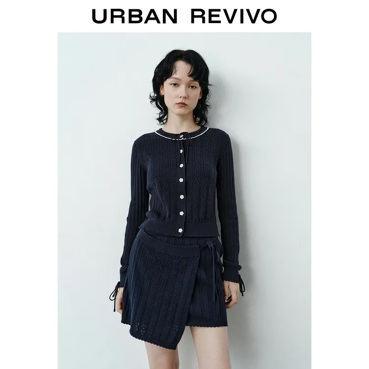 UR2025秋季新款女装休闲撞色镂空纽扣棉质针织开衫UYL950130