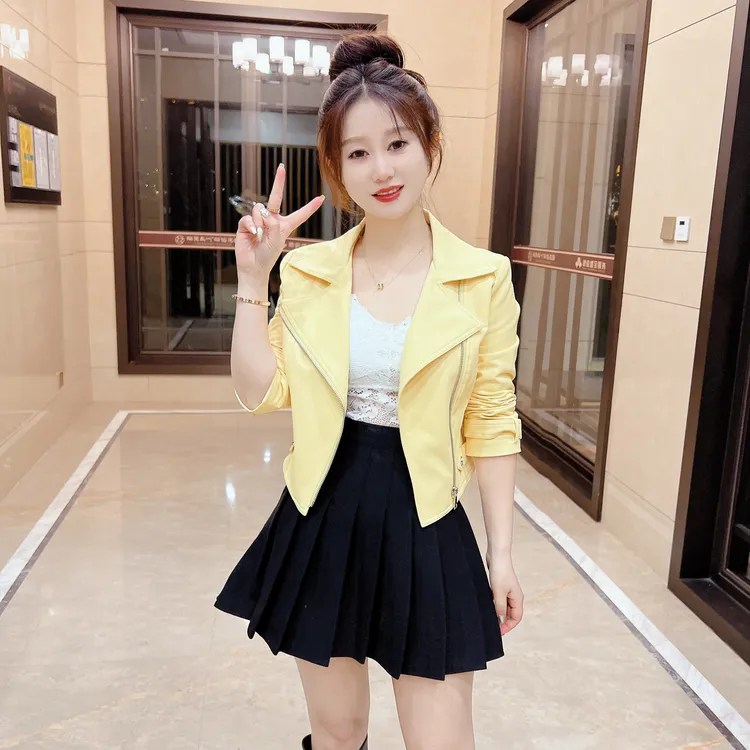 2025新款V领短款常规口袋轻职风长袖皮衣小个子修身上衣春秋翻领