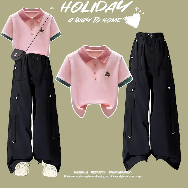 女童夏季套装polo领短袖洋气学院风大童长裤夏装薄款工装裤两件套