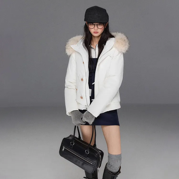 白色毛领可拆卸棉服派克羽绒服女新款加厚保暖连帽外套女秋冬季