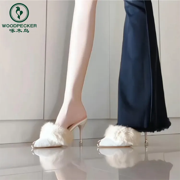 啄木鸟秋冬毛毛高跟凉拖鞋女外穿优雅浅口气质包头穆勒鞋半拖鞋