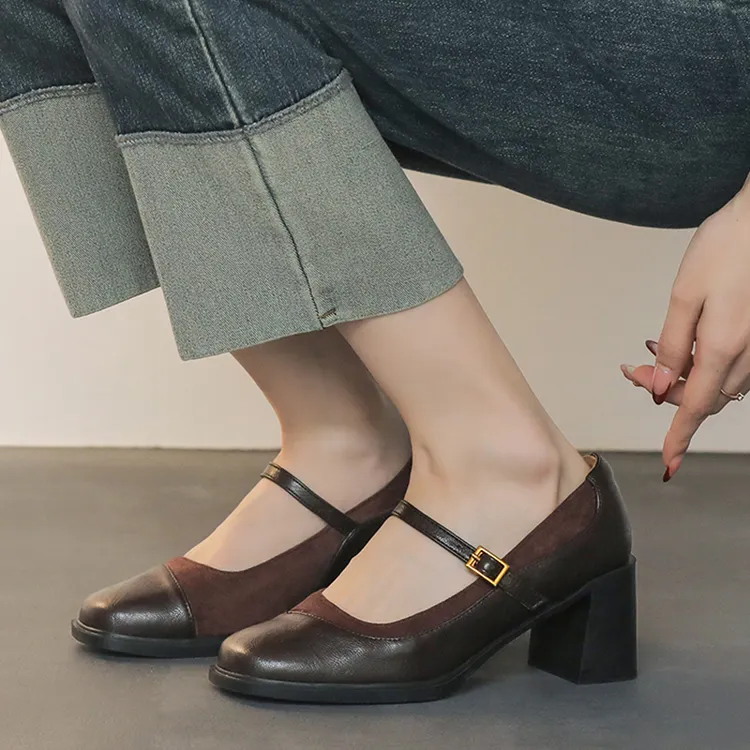 法式拼色单鞋女粗跟2026春新款绝美配裙子高跟鞋气质复古玛丽珍鞋