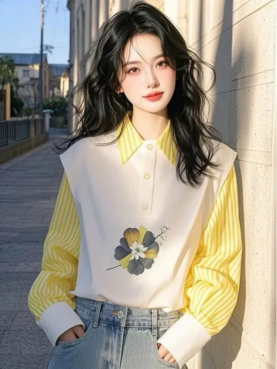 今年流行黄色条纹拼接印花衬衫女2025春季新款超好看独特漂亮衬衣