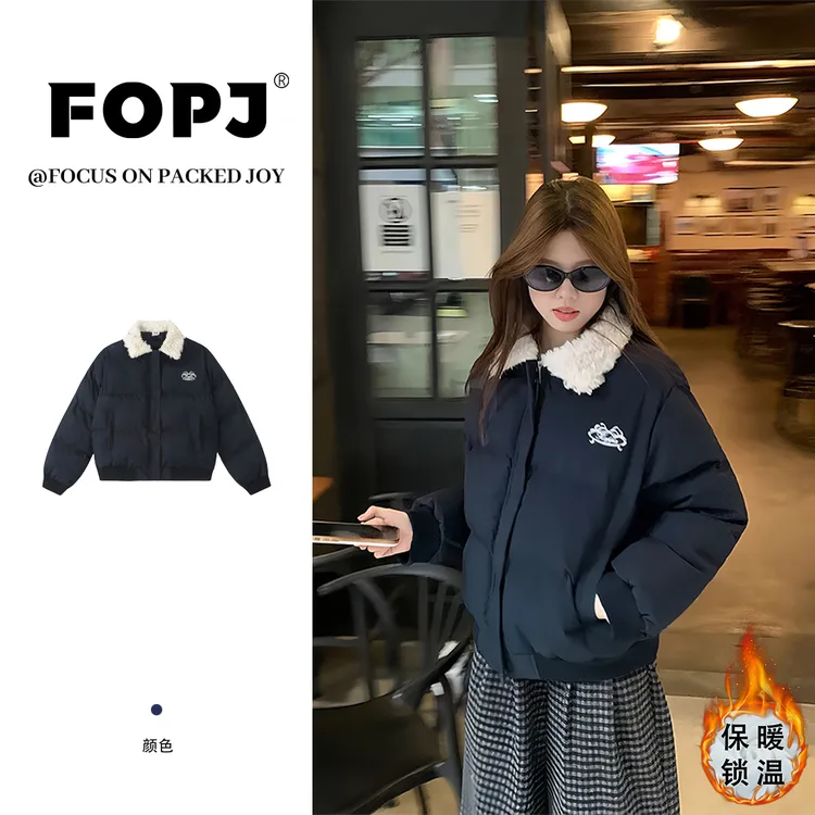 FOPJ美式学院风短款刺绣翻领棉服女冬季潮流面包服加厚保暖外套